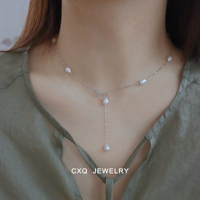 淡水keshi珍珠满天星项链通体s925纯银 可调节锁骨链巴洛克百搭