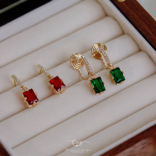 复古国风祖母绿耳饰 红色耳夹简约小巧 方形耳环 耳钉闪钻锆石