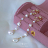 显瘦 耳环女圆脸 蚊香盘耳夹复古耳线 天然珍珠耳饰长款 优雅气质