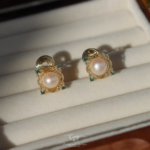 珍珠耳夹无耳洞复古祖母绿耳钉掐丝耳环小众设计感 高级 方形耳饰