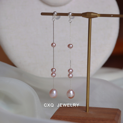 天然紫色珍珠耳饰纯银耳线长款独特漂亮耳环秋冬度假风无耳洞耳夹