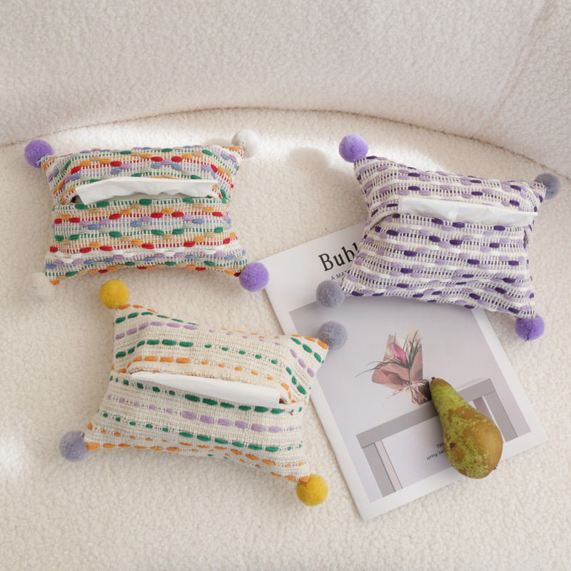 原创布艺北欧ins风提花彩色毛球纸巾盒多巴胺抽纸盒纸巾包纸巾袋