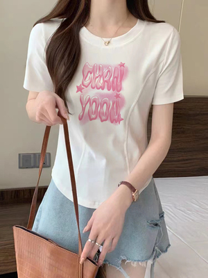 白色方领正肩t恤女上衣夏季弧形下摆纯欲美式辣妹修身鱼骨短袖