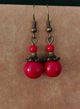 民族风红豆耳坠复古新款红色耳环气质耳钉葫芦耳饰度假古典百搭