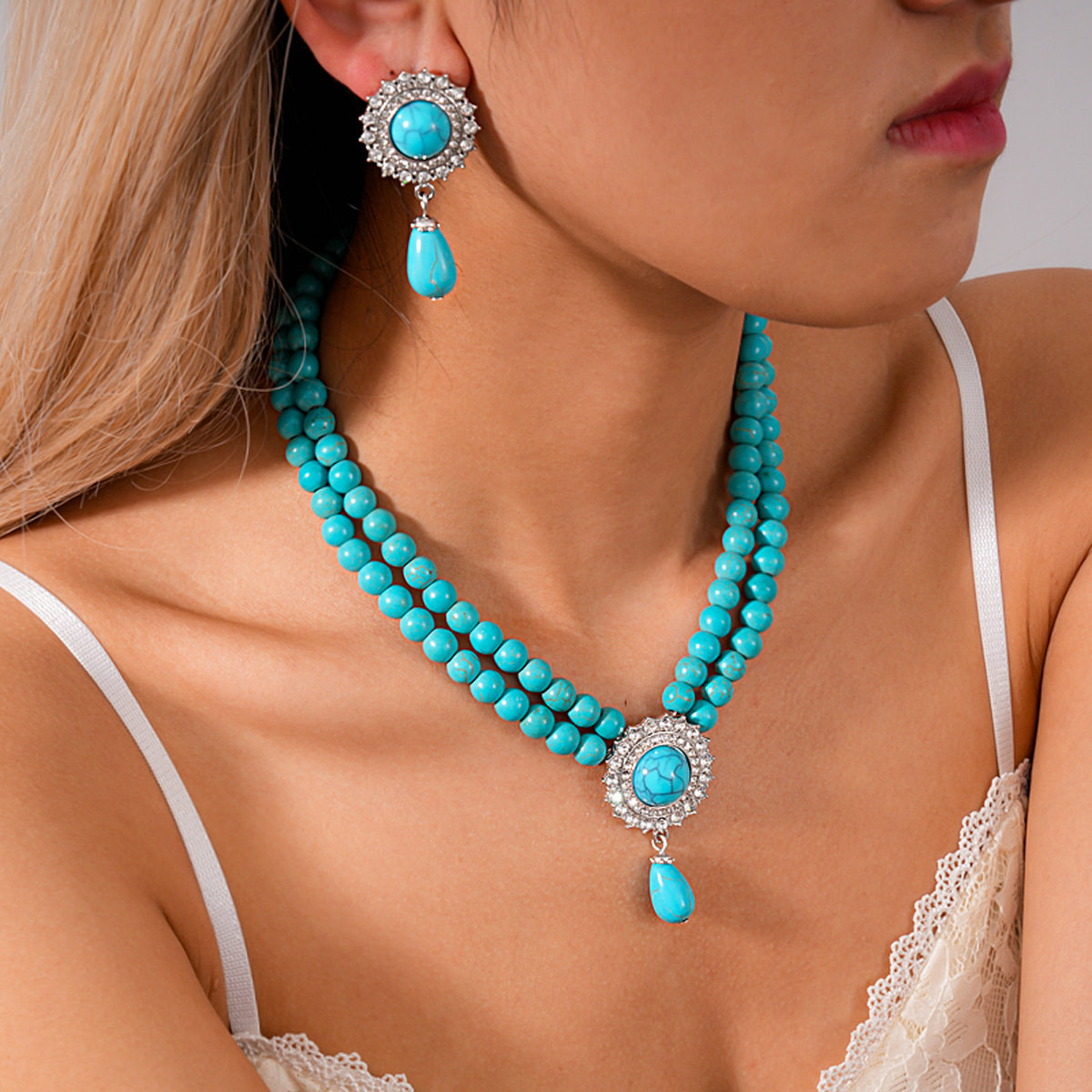 欧美跨境松石蓝镶钻水滴珍珠耳钉项链小众锁骨链感首饰套装女,饰品/流行首饰/时尚饰品新,组合套装,淘宝优惠券,粉丝福利购,淘宝优惠卷