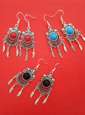 新款民族风耳环复古红色蓝色耳坠波西米亚耳饰藏银小羽毛配饰女