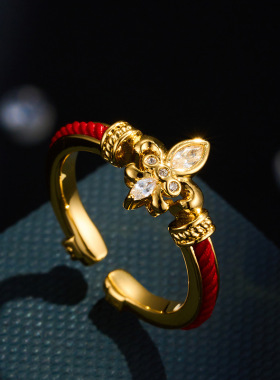 原创设计国潮复古红绳开口戒指铜合金真金电镀显白百搭可调节指环