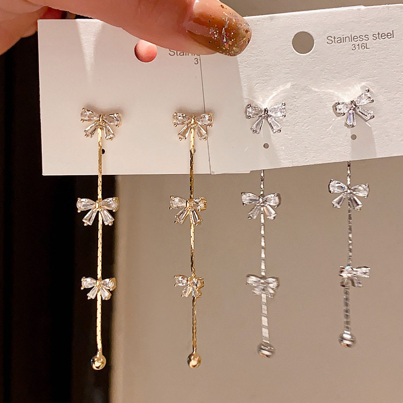 18k真金电镀银针轻奢锆石蝴蝶结流苏耳环简约气质耳钉感耳饰