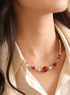 复古新中式红玛瑙白蝶贝小米珠串珠项链女轻奢感蓝松石锁骨链