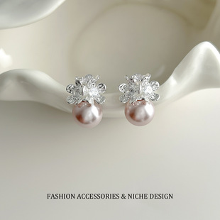 精致繁花簇拥夸张大珍珠耳钉时尚气质耳饰925纯银针耳环感女