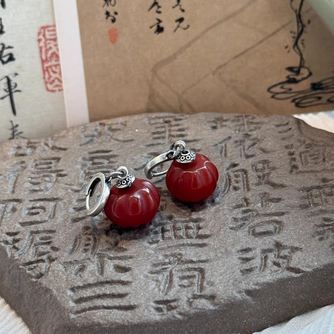 S925银红玛瑙瓜珠耳环新中式简约小众设计感复古日常,饰品/流行首饰/时尚饰品新,耳环,淘宝优惠券,粉丝福利购,淘宝优惠卷
