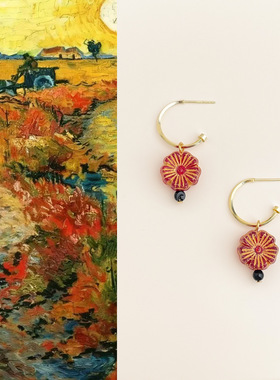 莫奈~复古黑玛瑙红色琉璃花朵耳环小众设计油画感新中式小众耳饰