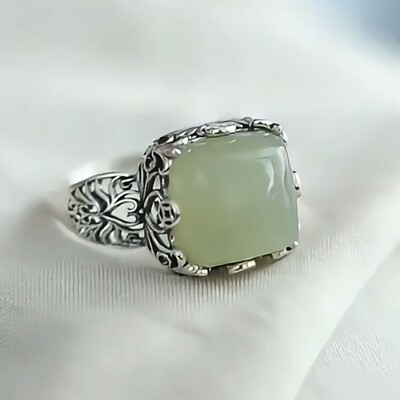 925银新中式和田玉铜钱方糖镂空复古戒指民族风气质感食指戒