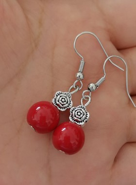 流利首饰简约小巧特色耳环红色玉石耳坠小众日常佩戴低价小礼品