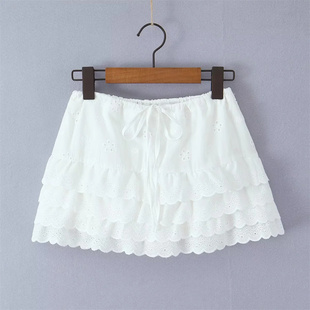 欧美辣妹刺绣荷叶边半身裙女短款防走光系带中腰性感a字裙超短裙
