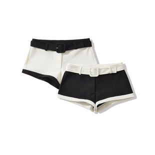 热裤 辣妹风拼色休闲短裤 配腰带紧身性感包臀超短裤 秋季 女2025新款