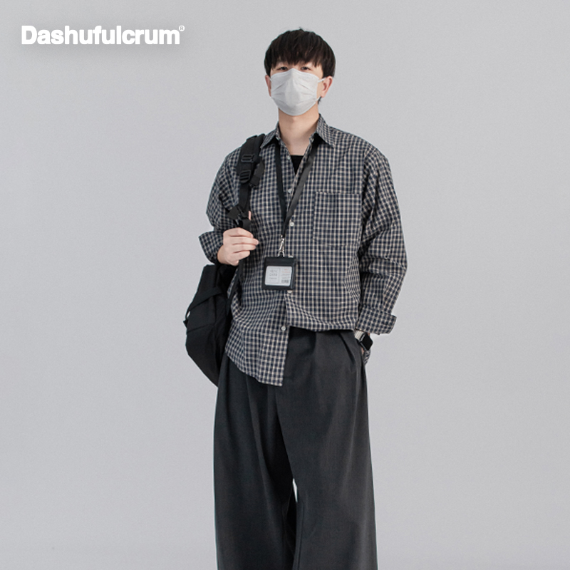 Dashufulcrum日系复古格子纯棉长袖衬衫男女春秋休闲百搭质感衬衣