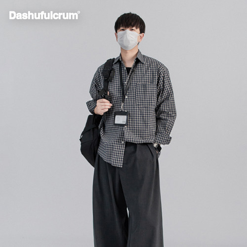 Dashufulcrum日系复古格子纯棉长袖衬衫男女春秋休闲百搭质感衬衣