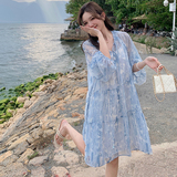 法式晕染碎花雪纺连衣裙女2025夏季新款韩版收腰显瘦绝美森系短裙，女装连衣裙，浙宝007（原150)