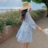 法式晕染碎花雪纺连衣裙女2025夏季新款韩版收腰显瘦绝美森系短裙，女装连衣裙，浙宝007（原150)