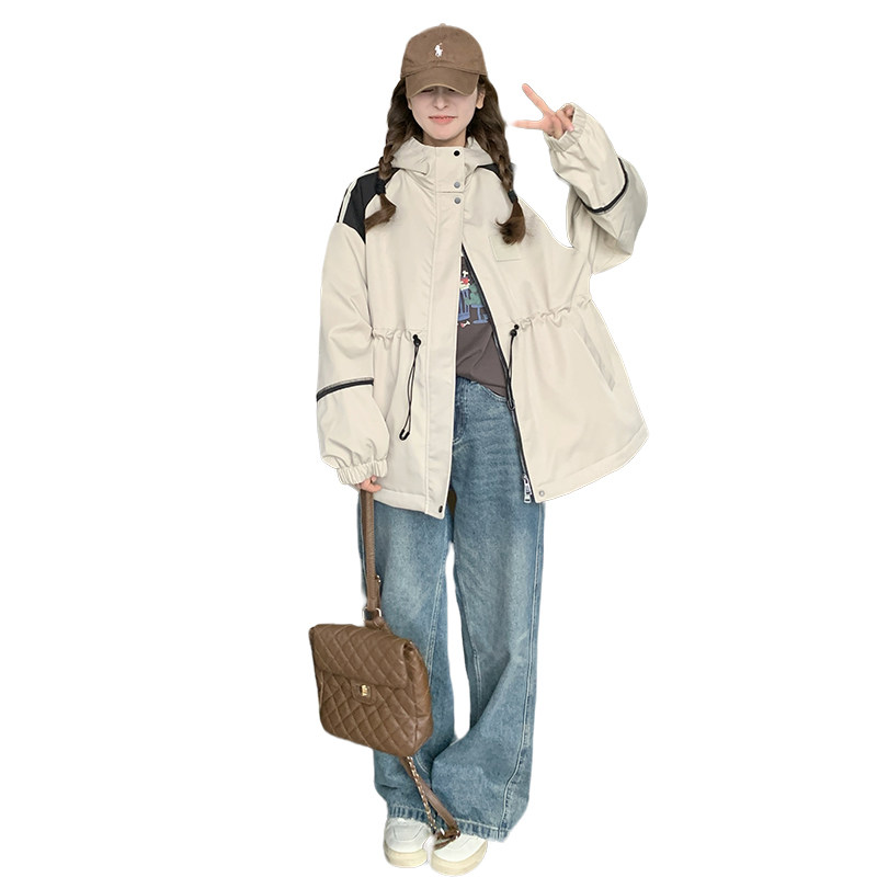 韩版宽松洋气时髦连帽冲锋衣女春秋2025新款休闲风百搭夹克短外套,女装短外套,浙宝007（原150)