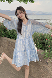 法式晕染碎花雪纺连衣裙女2025夏季新款韩版收腰显瘦绝美森系短裙，女装连衣裙，浙宝007（原150)