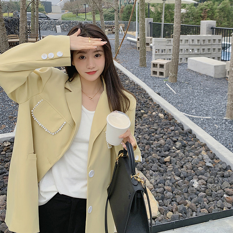 现货！春季新款浅黄色白色珍珠西装外套286A-Q8132,女装西装,浙宝007（原150)