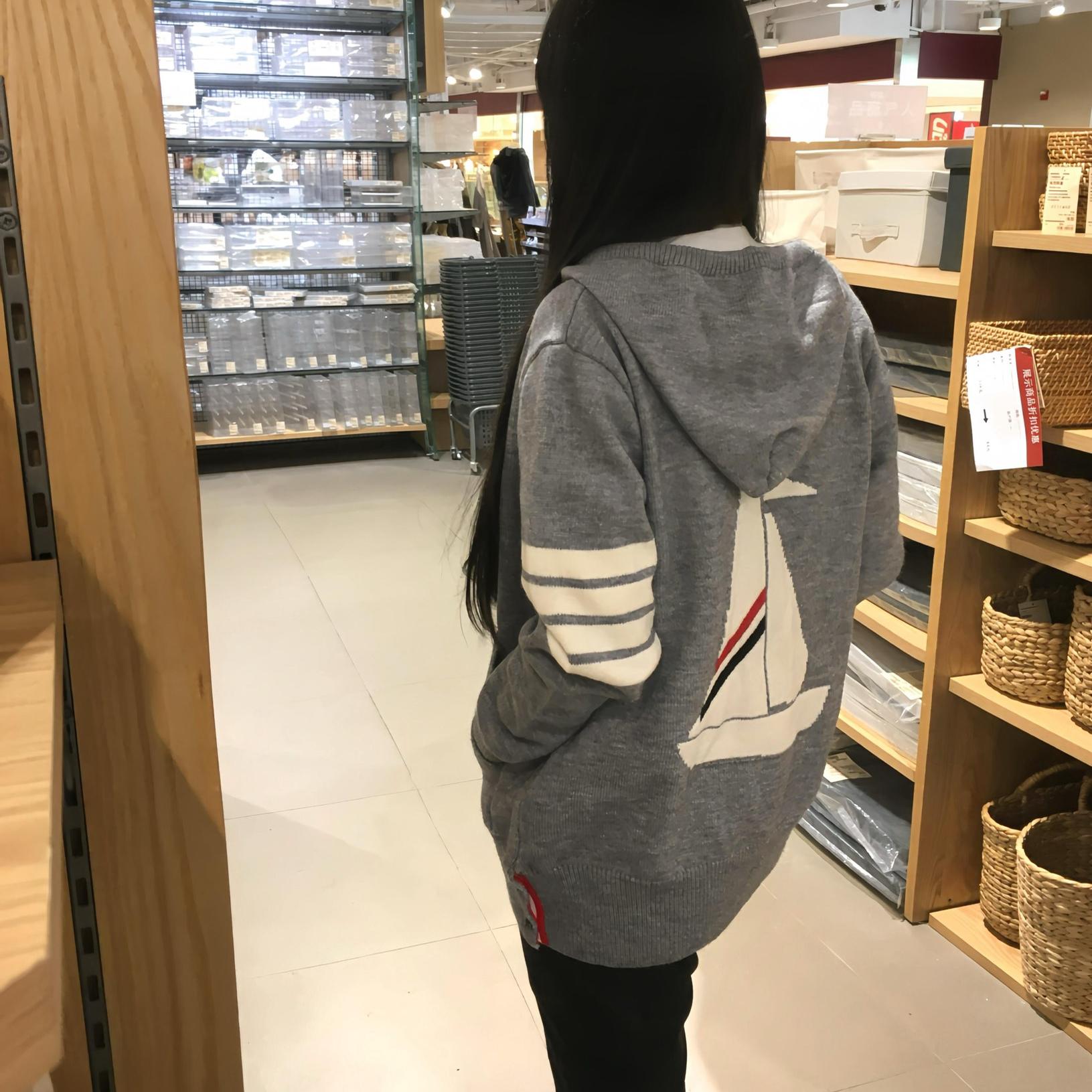 tb开衫女毛衣短款外套连帽修身灰色帆船学院风V领针织衫2024上衣