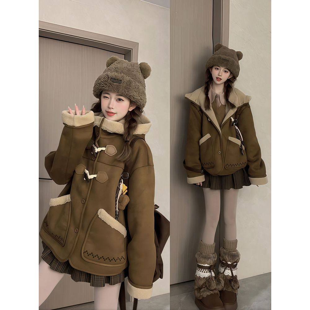 棕熊暖域 冬季新款美拉德穿搭复古牛角扣连帽外套+百褶裙两件套女,女装/女士精品,时尚套装,淘宝优惠券,粉丝福利购,淘宝优惠卷