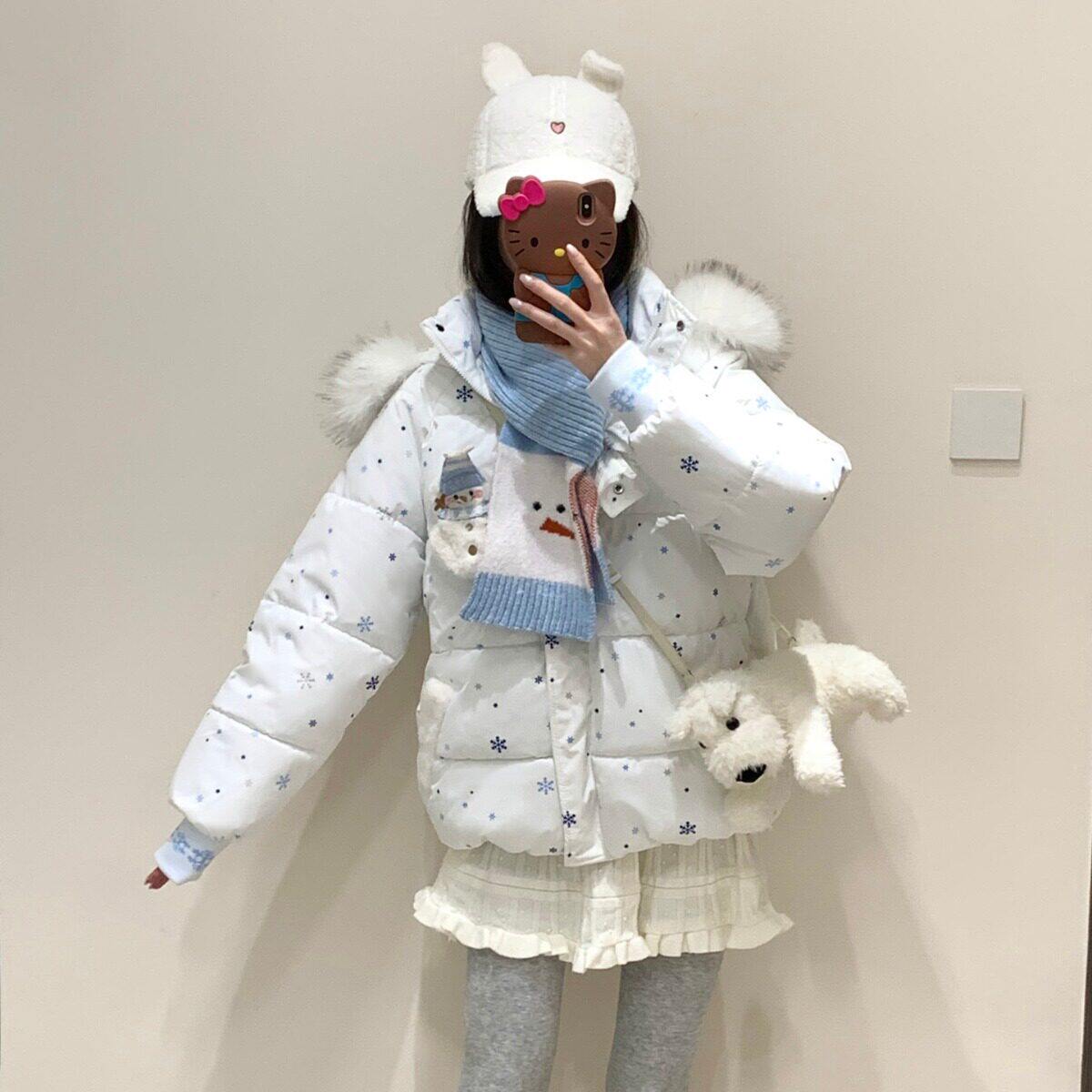 甜美满冬季印宽松面包服