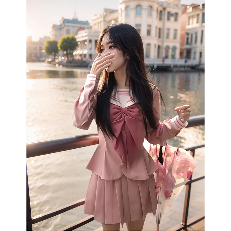 日系学院风粉色套装女春季2025新款蝴蝶结jk制服+百褶短裙两件套