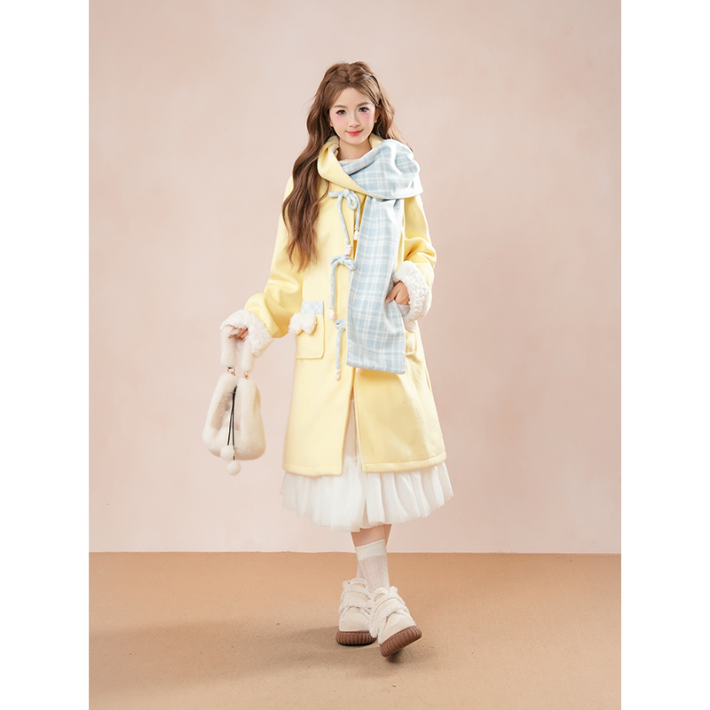 芝士奶盖 秋冬新款日系甜美氛围感中长款连帽奶黄色拼毛毛呢外套