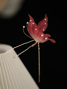 u型发簪古风女童流苏头饰森系 仙美真丝烫花锦鲤色蝴蝶簪子发饰