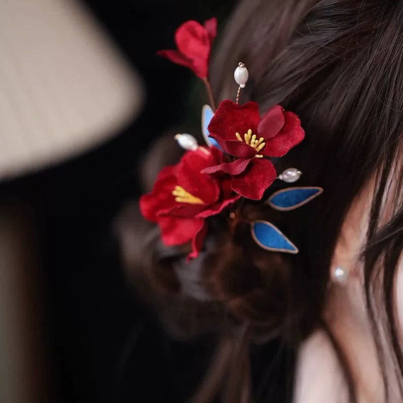 国风lolita红色花朵公主边夹侧丸子头发饰氛围感拍照发夹头饰汉服