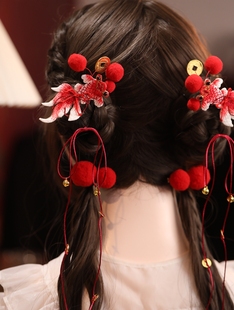 红色锦鲤u型发簪 女童古风精致新年头饰国风lolita拜年发饰簪子