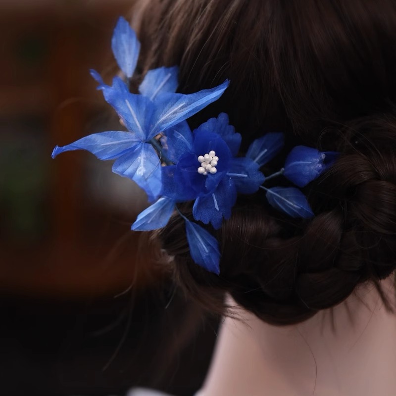 真丝花朵发夹国风lolita蓝色发饰