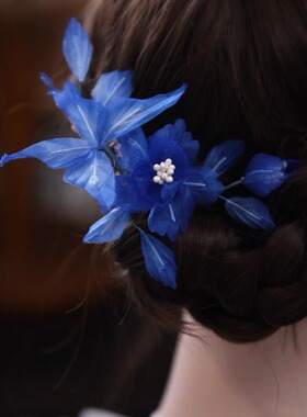 古风汉服森系仙美发饰国风lolita头饰蝴蝶发夹清汉女蓝色花朵夹子