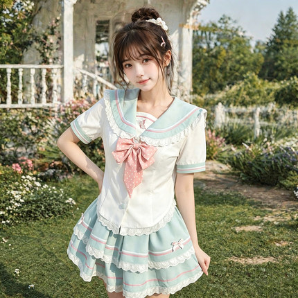 jk原创水手服蓬蓬裙jk套装萌款收腰显瘦日系短袖学院风百褶裙长袖