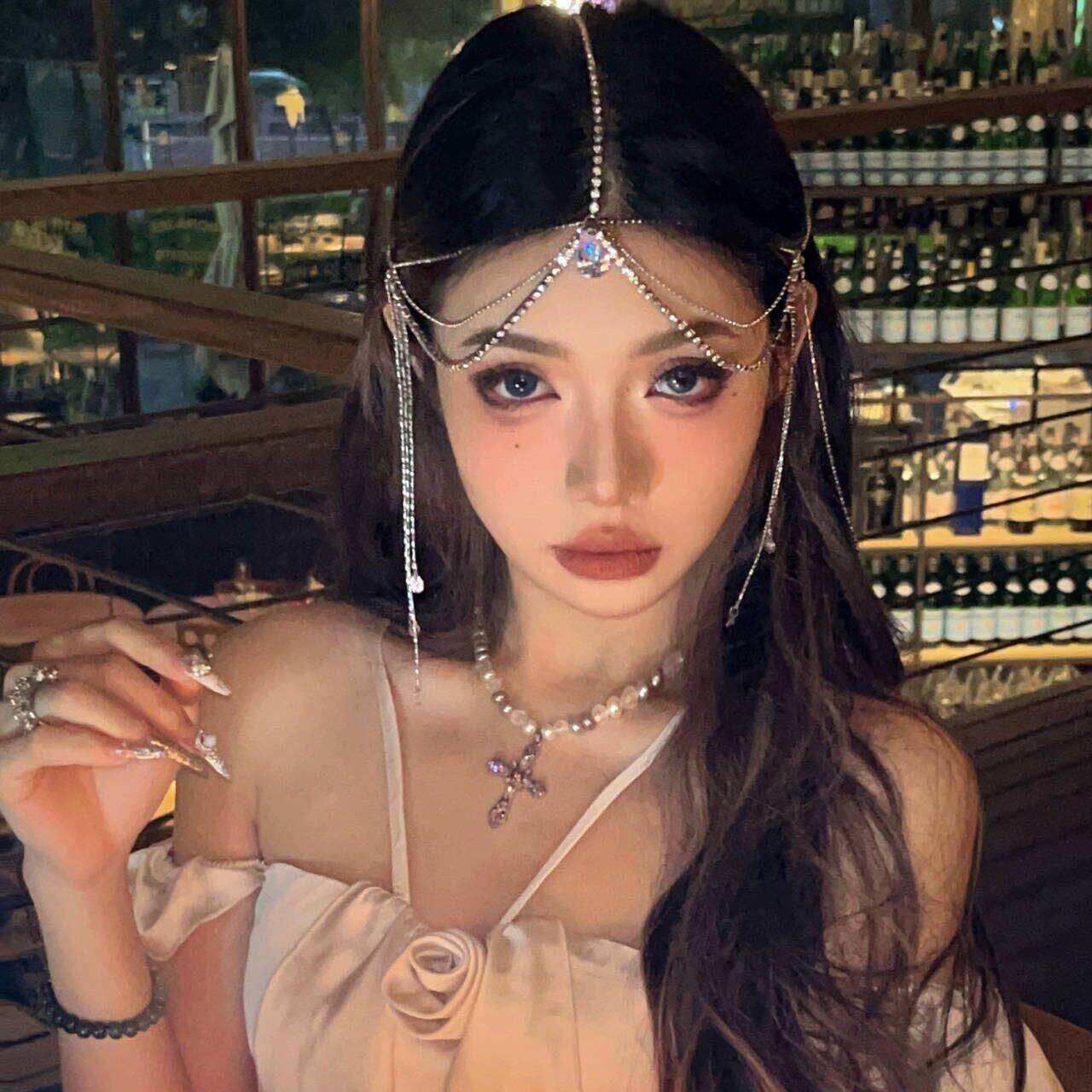 欧美异域风情水钻流苏款发夹眉心坠额饰新娘礼服轻奢头链配饰水晶