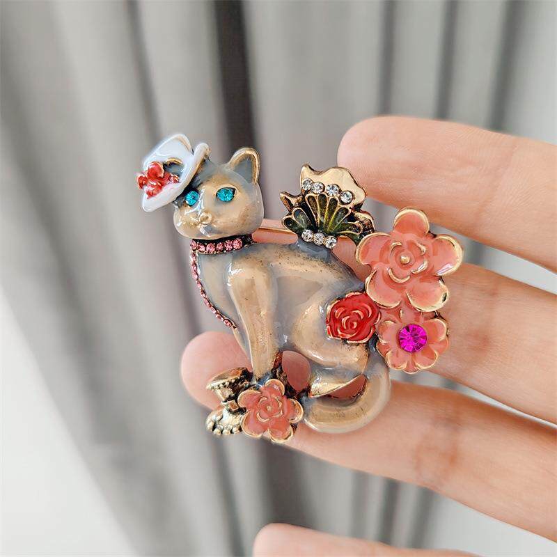 中古vintage猫咪胸针画油工艺花朵小猫别针时尚百搭西装外套配饰