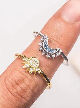 日月同辉叠戴戒指女太阳月亮情侣开口对戒跨境爆品时尚设计指环