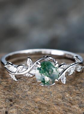 跨境新款简约时尚绿苔石和水草玛瑙戒指小众创意清新甜美手饰
