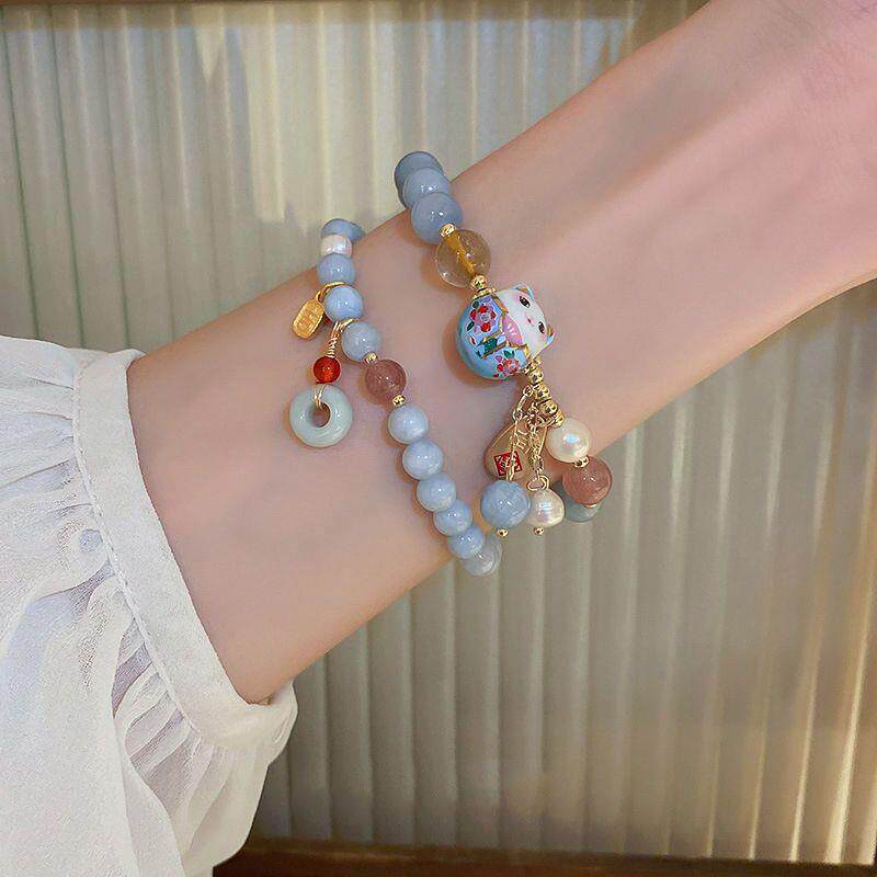 新中式珍珠招财猫手链蓝色玉石串珠手串卡通可爱百搭简约百搭手饰