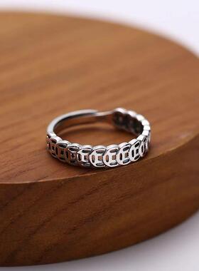 素银铜钱戒指女泰银做旧钱多多食指韩版ins复古个性招财指环