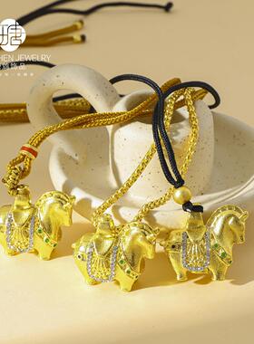 古法沙金镶钻大唐马项链马年本命年生肖新中式轻奢毛衣链饰品