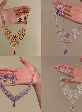 爆闪紫色花朵水滴吊坠项链韩系复古小众轻奢高级感晚宴配饰锁骨链