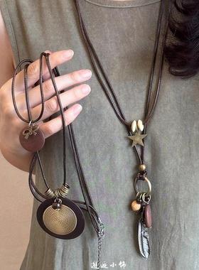 新中式禅意长款羽毛项链女复古民族风叠戴毛衣链新款波西米亚配饰