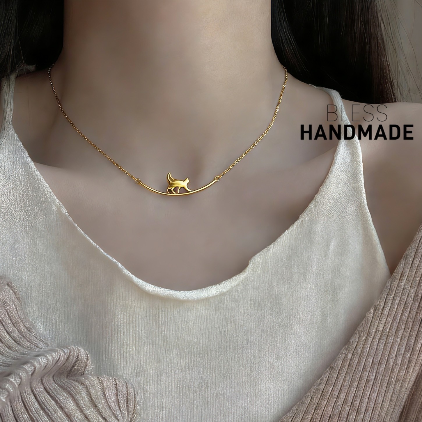 原创 小猫咪 美国进口14K包金色项链女高级感轻奢小众设计锁骨链