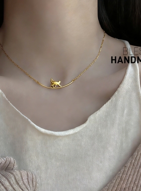 保色好日系14K金色猫咪金项链