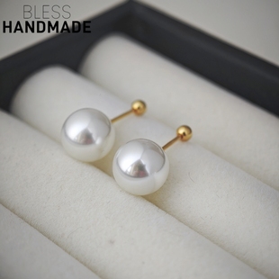 睡觉不摘超亮正圆澳白小珍珠925纯银18K金螺丝球拧扣耳钉女耳骨钉
